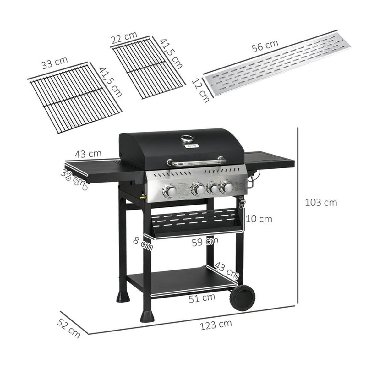 Outsunny Gasgrill aus Edelstahl und Metall in Schwarz und Silber, B/H/L: 52 x 101 x 123 cm - Bild 2
