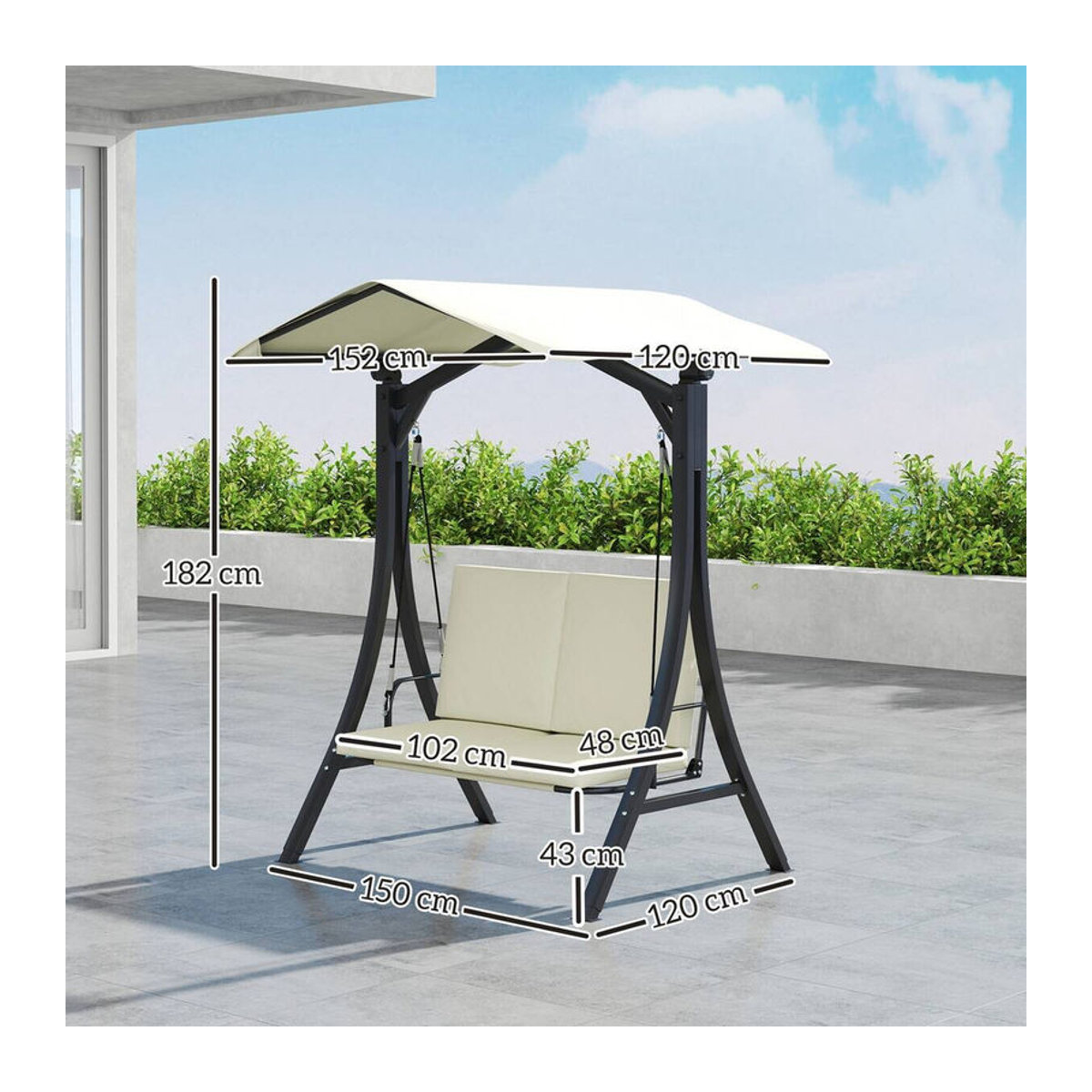 Outsunny Hollywoodschaukel 2-Sitzer mit Sonnendach und Sitzauflage in Beige oder Schwarz, B/T/H: 150 x 120 x 182 cm - Bild 3