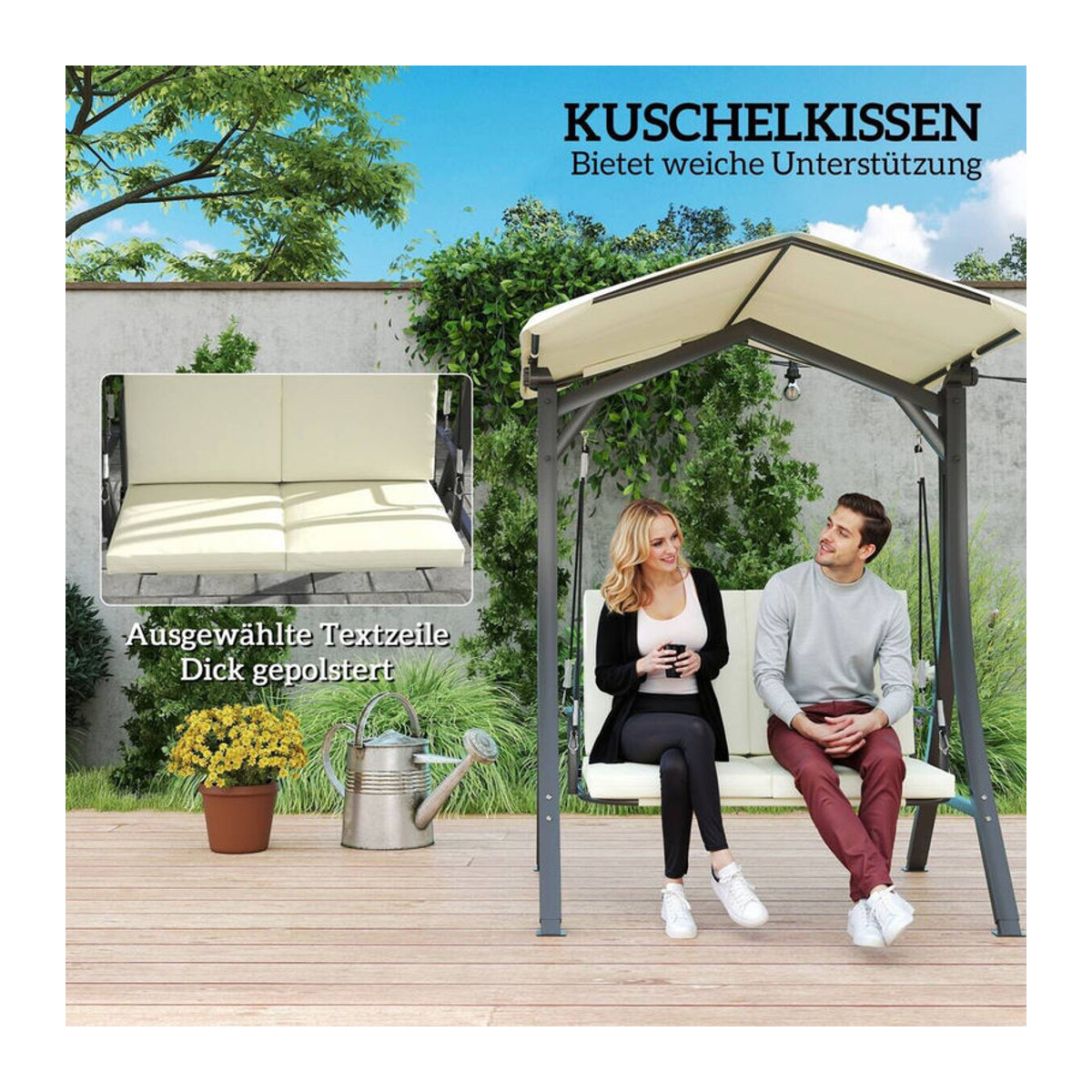 Outsunny Hollywoodschaukel 2-Sitzer mit Sonnendach und Sitzauflage in Beige oder Schwarz, B/T/H: 150 x 120 x 182 cm - Bild 4