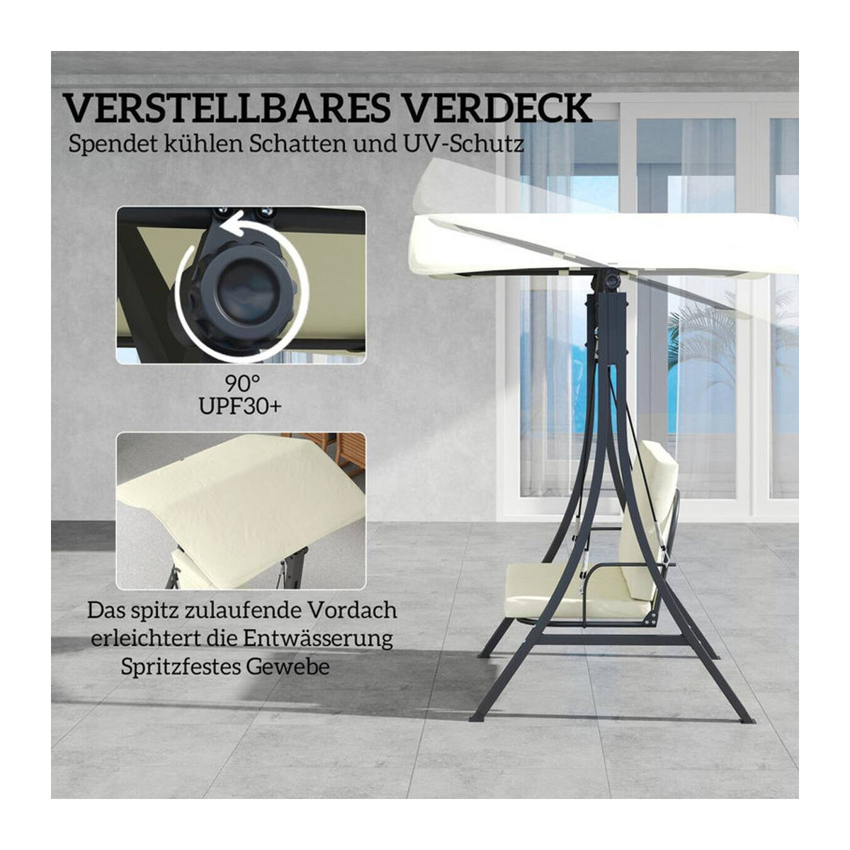 Outsunny Hollywoodschaukel 2-Sitzer mit Sonnendach und Sitzauflage in Beige oder Schwarz, B/T/H: 150 x 120 x 182 cm - Bild 5