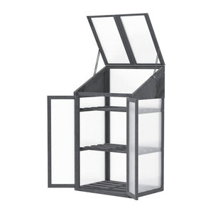 Outsunny Mini Gewächshaus aus Holz und Polycarbonat mit 3 Regalen und Doppeltür, Grau, H x B x T: 120 x 70 x 50 cm, Aosom
