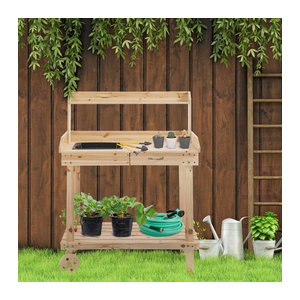 Outsunny Pflanztisch aus Massivholz mit Rollen in Natur, B/H/L: 45 x 119 x 92 cm