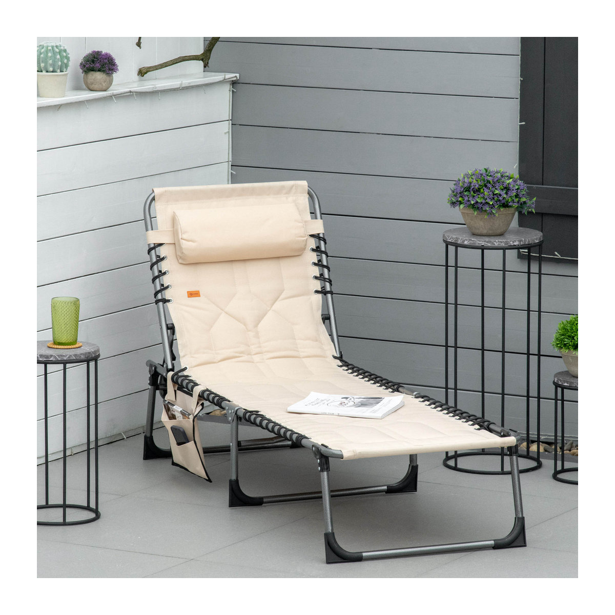 Outsunny Sonnenliege beige klappbar mit 5-fach verstellbarer Rückenlehne, Kopfkissen und Seitentasche, B/H/L: 57 x 30 x 188 cm - Bild 2