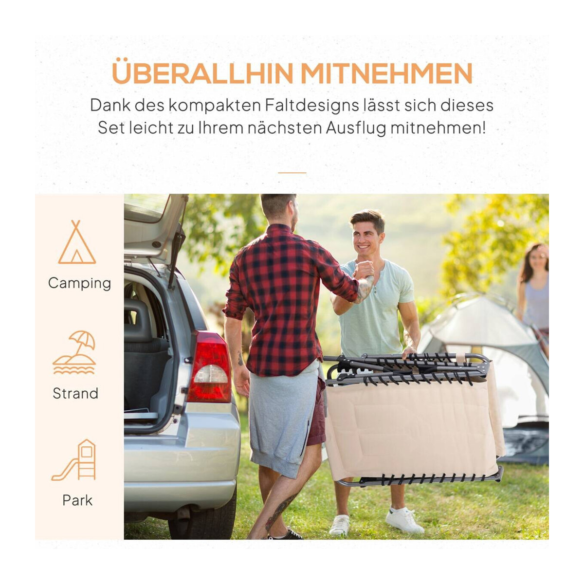 Outsunny Sonnenliege beige klappbar mit 5-fach verstellbarer Rückenlehne, Kopfkissen und Seitentasche, B/H/L: 57 x 30 x 188 cm - Bild 3