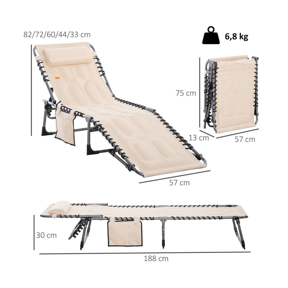 Outsunny Sonnenliege beige klappbar mit 5-fach verstellbarer Rückenlehne, Kopfkissen und Seitentasche, B/H/L: 57 x 30 x 188 cm - Bild 4