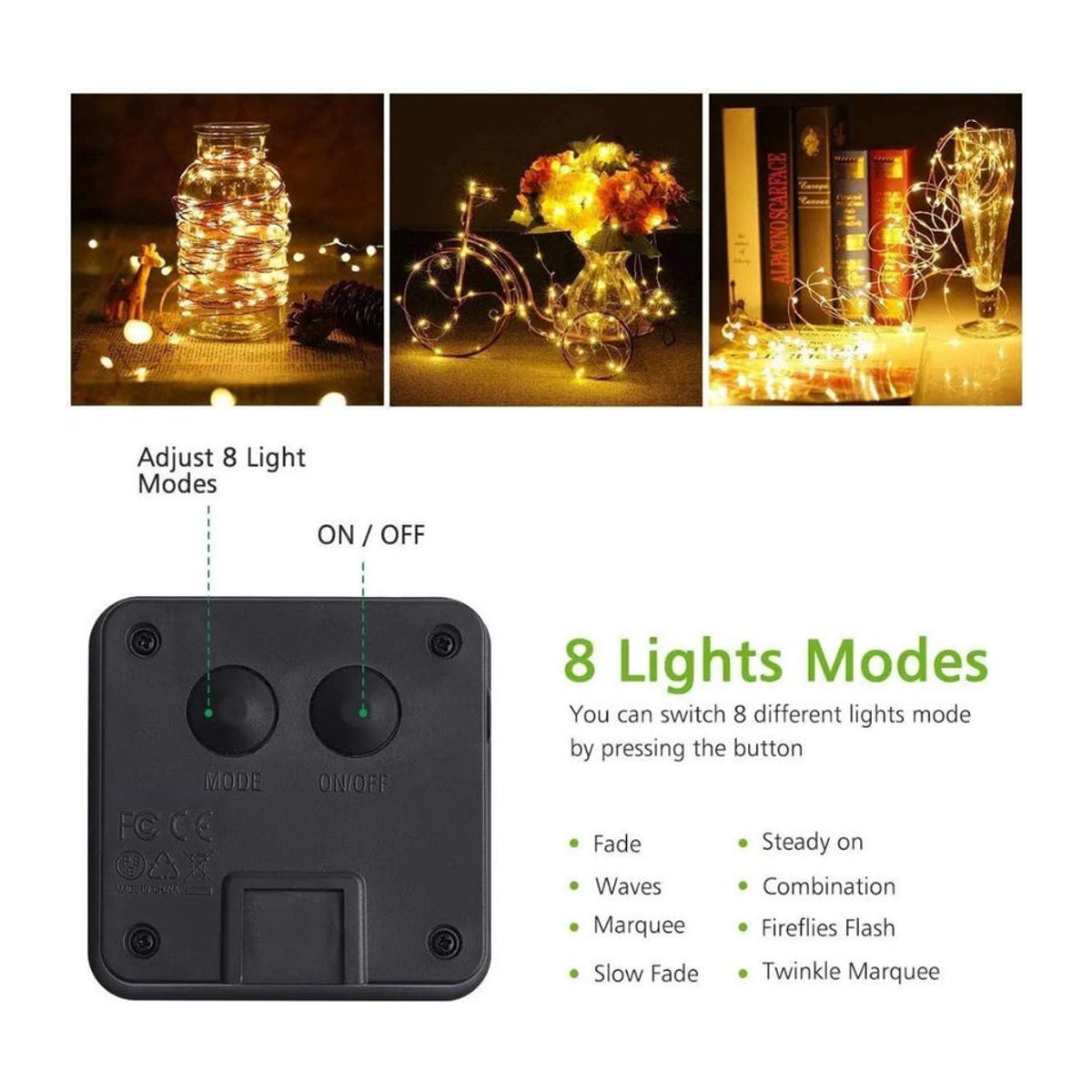 OuuZuu Solar-Lichterkette für den Außenbereich mit LED und 8 Modi, IP65 wasserdicht, Kupferdraht-Lichterkette bunt, 10 m - Bild 2