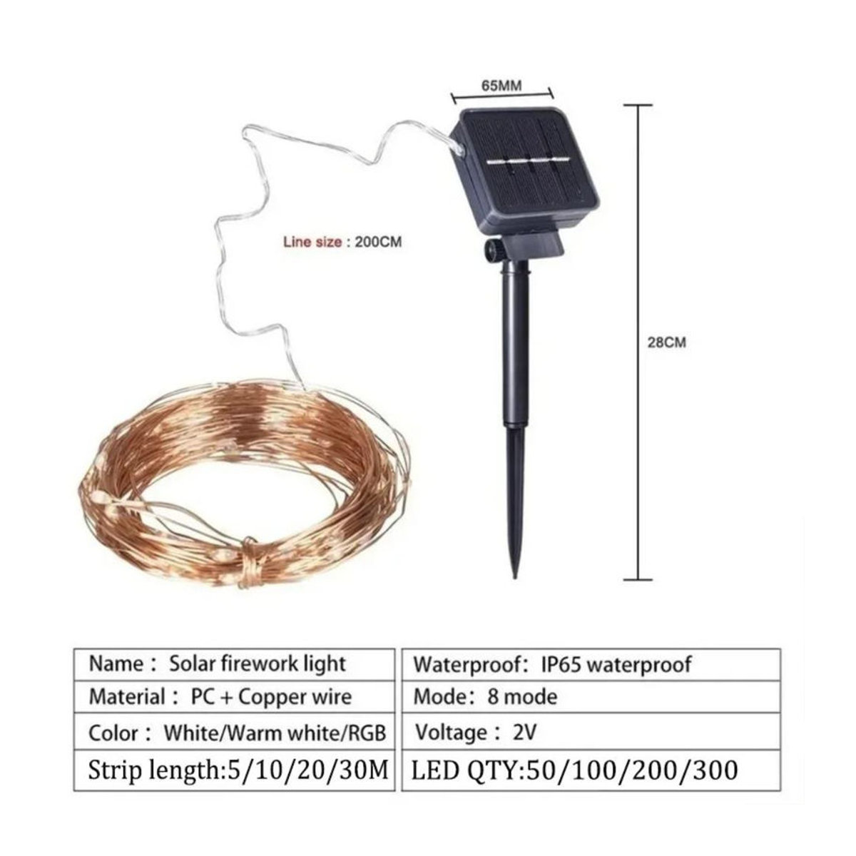 OuuZuu Solar-Lichterkette für den Außenbereich mit LED und 8 Modi, IP65 wasserdicht, Kupferdraht-Lichterkette in Weiß, 5 m - Bild 1
