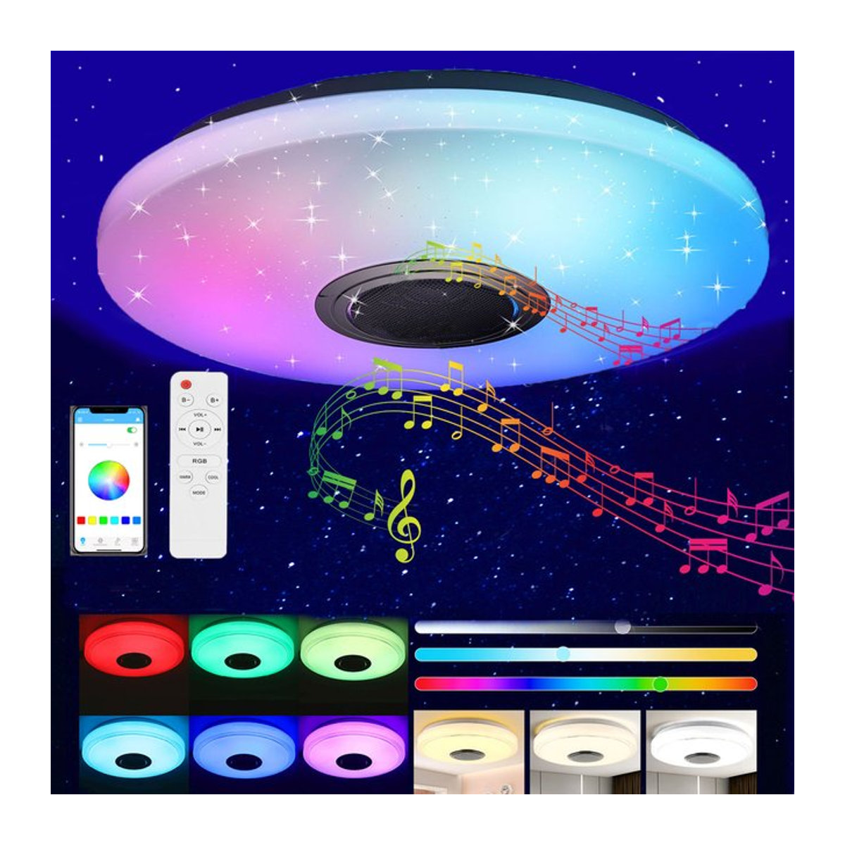Oyajia 36W LED-Deckenleuchte mit Bluetooth-Lautsprecher, dimmbar per App und Fernbedienung, RGB-Farben, Modern - Bild 1
