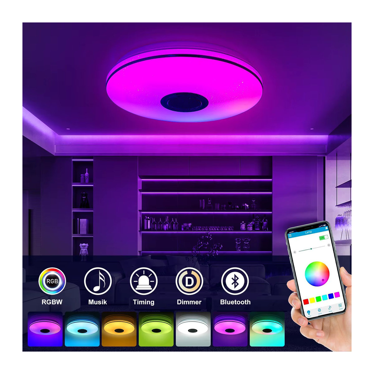 Oyajia 36W LED-Deckenleuchte mit Bluetooth-Lautsprecher, dimmbar per App und Fernbedienung, RGB-Farben, Modern - Bild 2