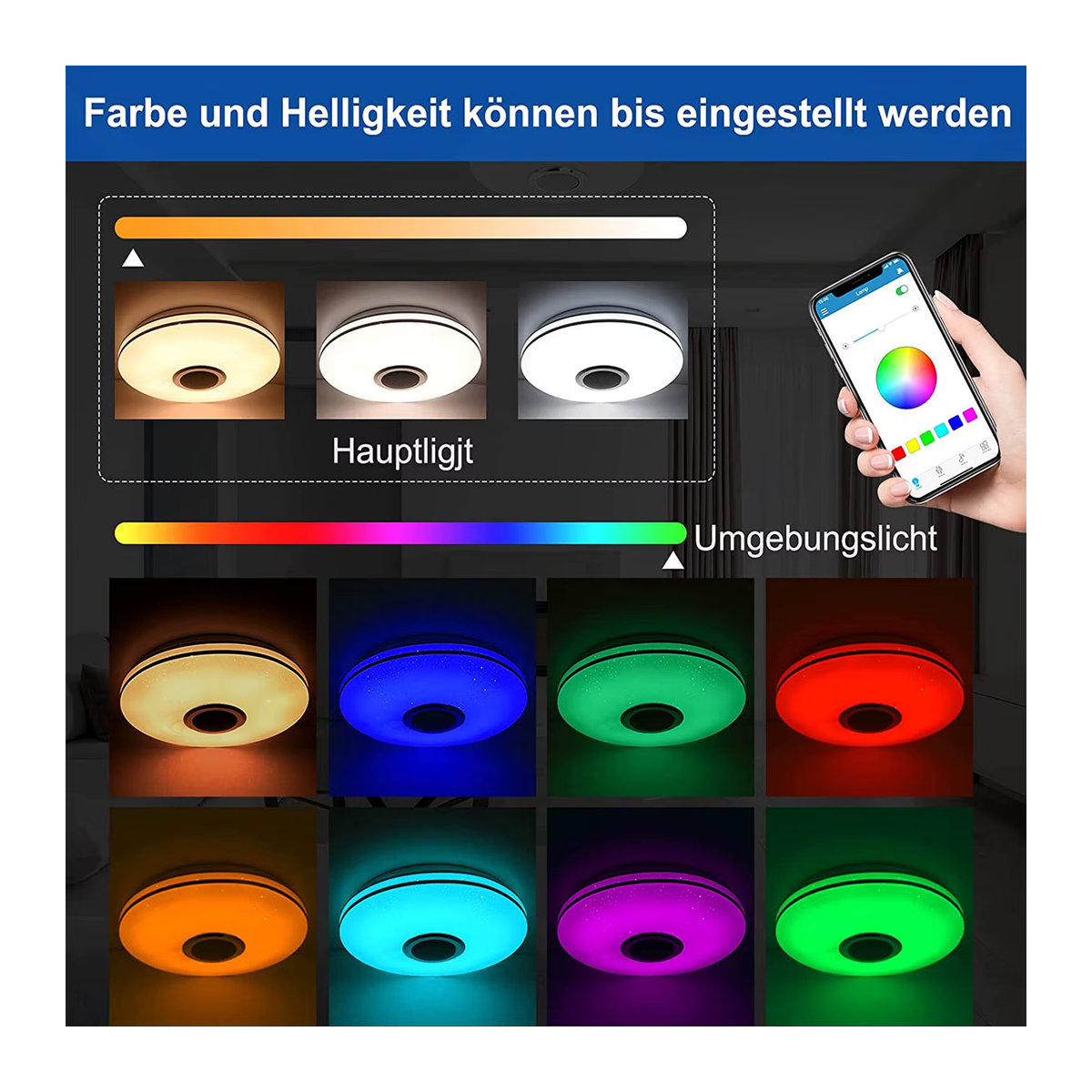 Oyajia 36W LED-Deckenleuchte mit Bluetooth-Lautsprecher, dimmbar per App und Fernbedienung, RGB-Farben, Modern - Bild 4