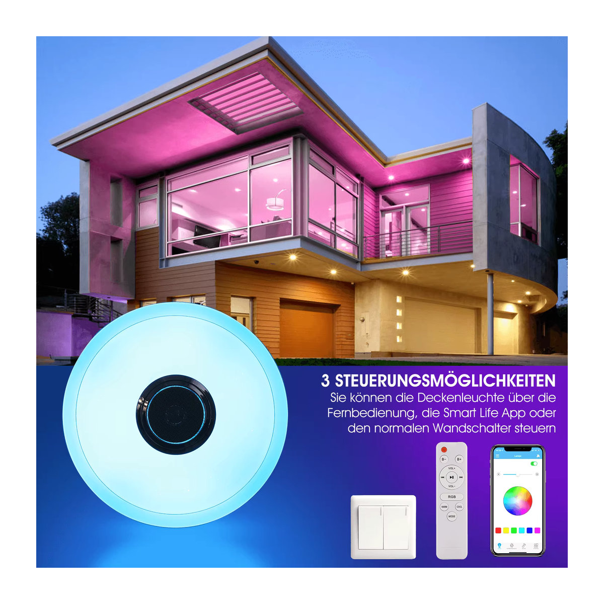 Oyajia 36W LED-Deckenleuchte mit Bluetooth-Lautsprecher, dimmbar per App und Fernbedienung, RGB-Farben, Modern - Bild 5