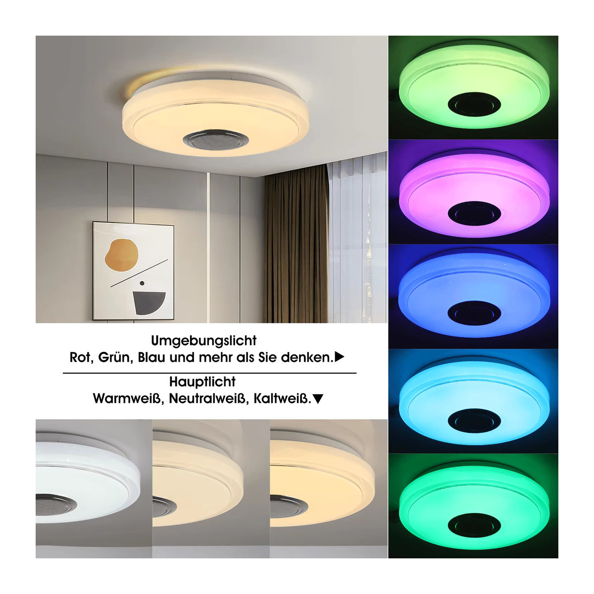 Oyajia 36W LED-Deckenleuchte mit Bluetooth-Lautsprecher, dimmbar per App und Fernbedienung, RGB-Farben, Modern - Bild 6