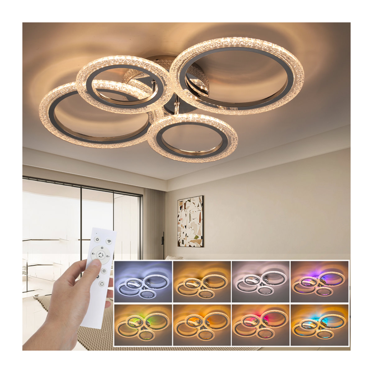Oyajia LED-Deckenleuchte 80 W, dimmbare RGB-Deckenlampe mit Fernbedienung in Silber, Durchmesser: 57 cm - Bild 1