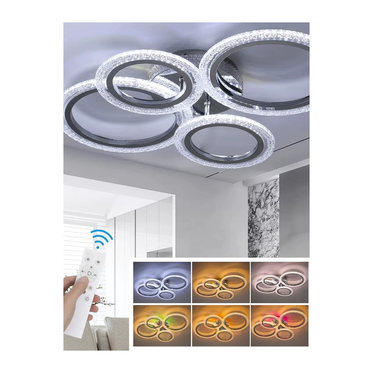 Oyajia LED-Deckenleuchte 80 W, dimmbare RGB-Deckenlampe mit Fernbedienung in Silber, Durchmesser: 57 cm - Bild 7