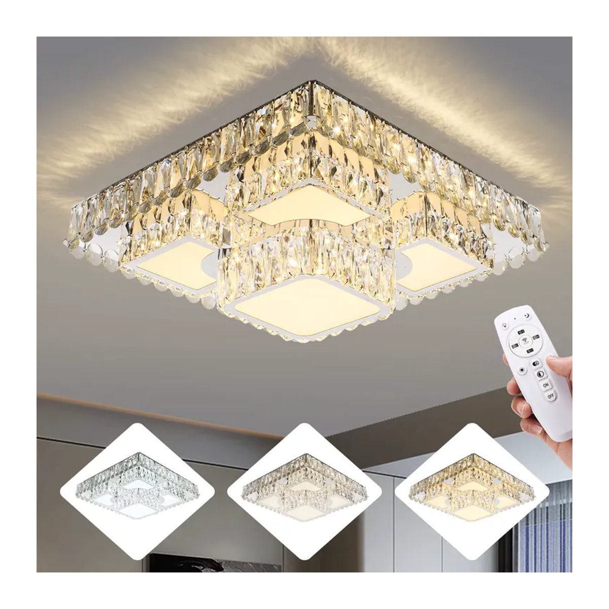 Oyajia Moderne LED-Kristall-Deckenleuchte in Chrom mit Fernbedienung und stufenlosem Dimmen, Durchmesser: 50 cm, 60 W - Bild 2