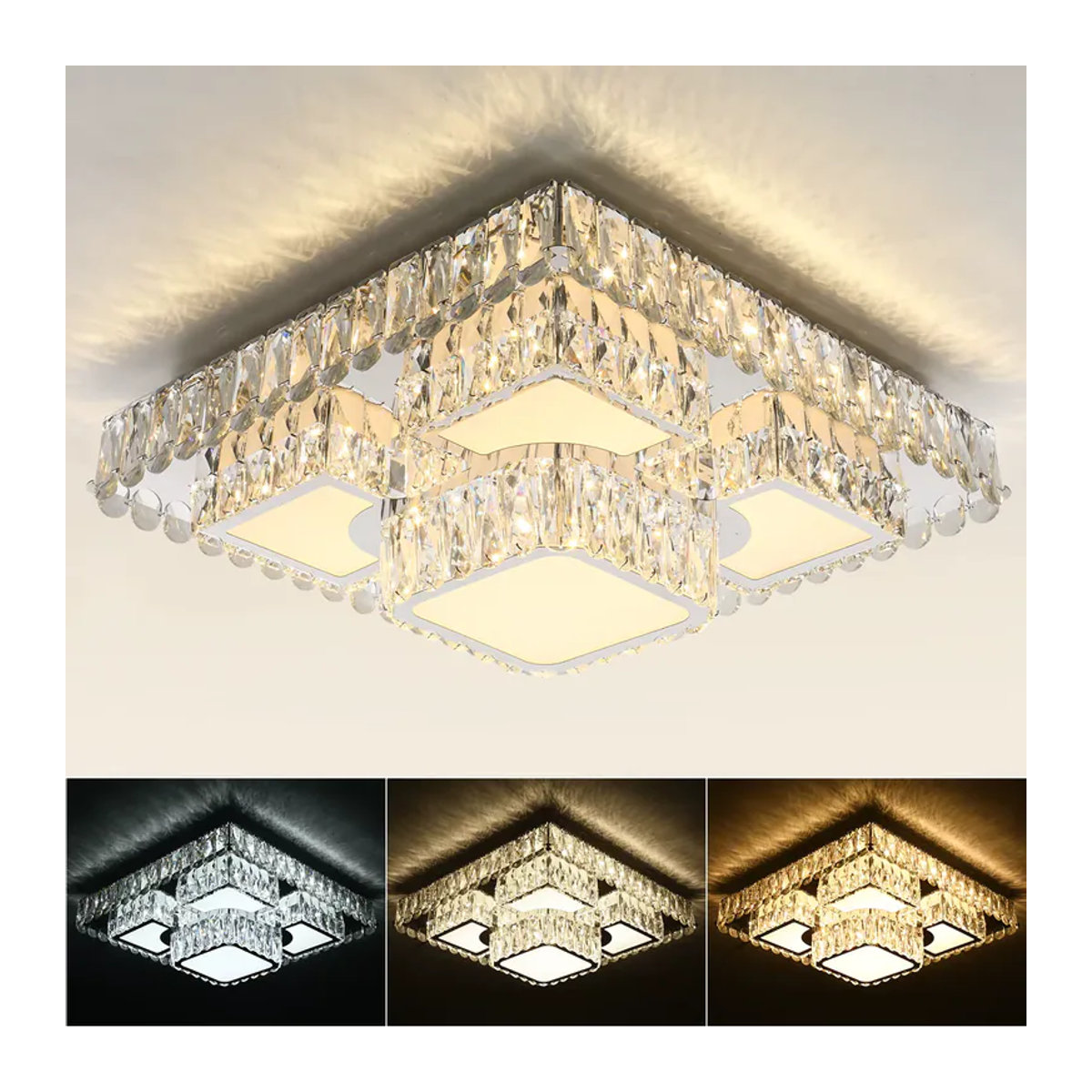 Oyajia Moderne LED-Kristall-Deckenleuchte in Chrom mit Fernbedienung und stufenlosem Dimmen, Durchmesser: 50 cm, 60 W - Bild 3