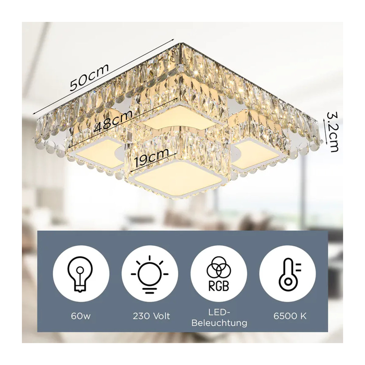 Oyajia Moderne LED-Kristall-Deckenleuchte in Chrom mit Fernbedienung und stufenlosem Dimmen, Durchmesser: 50 cm, 60 W - Bild 6