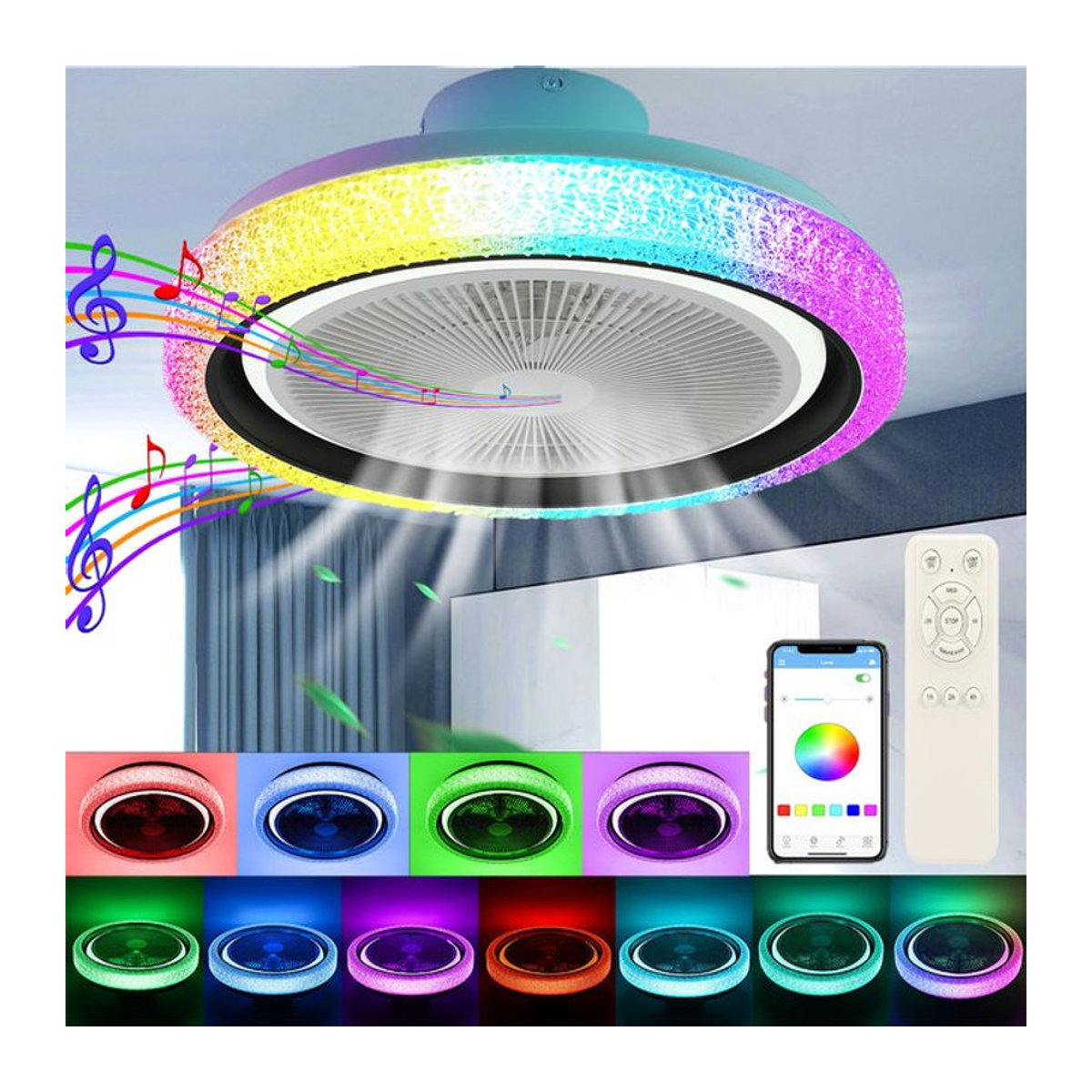Oyajia Moderne RGB LED Deckenlampe mit Ventilator und Bluetooth, 50W, Bunt - Bild 1