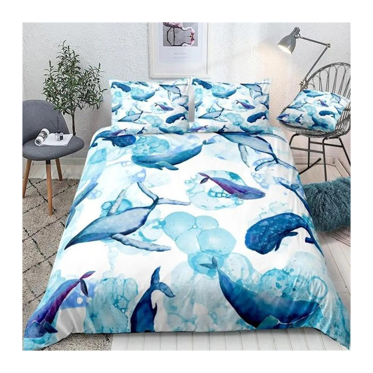 Ozean-Bettwäsche-Set von Your Warm Home mit Blauwal-Motiv in Blau, Mikrofaser-Bettbezug-Set für Kinder und Jugendliche, 2-teilig, B/H: 70 x 133 cm - Bild 1