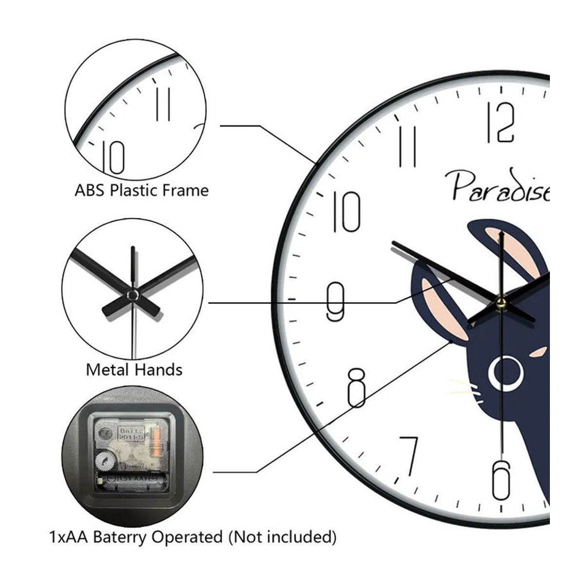 P.chuang Kreative Cartoon-Wanduhr aus Kunststoff, Geräuschlos, Analog, Rund, Durchmesser: 20,32 cm, Schwarz oder Weiß - Bild 2
