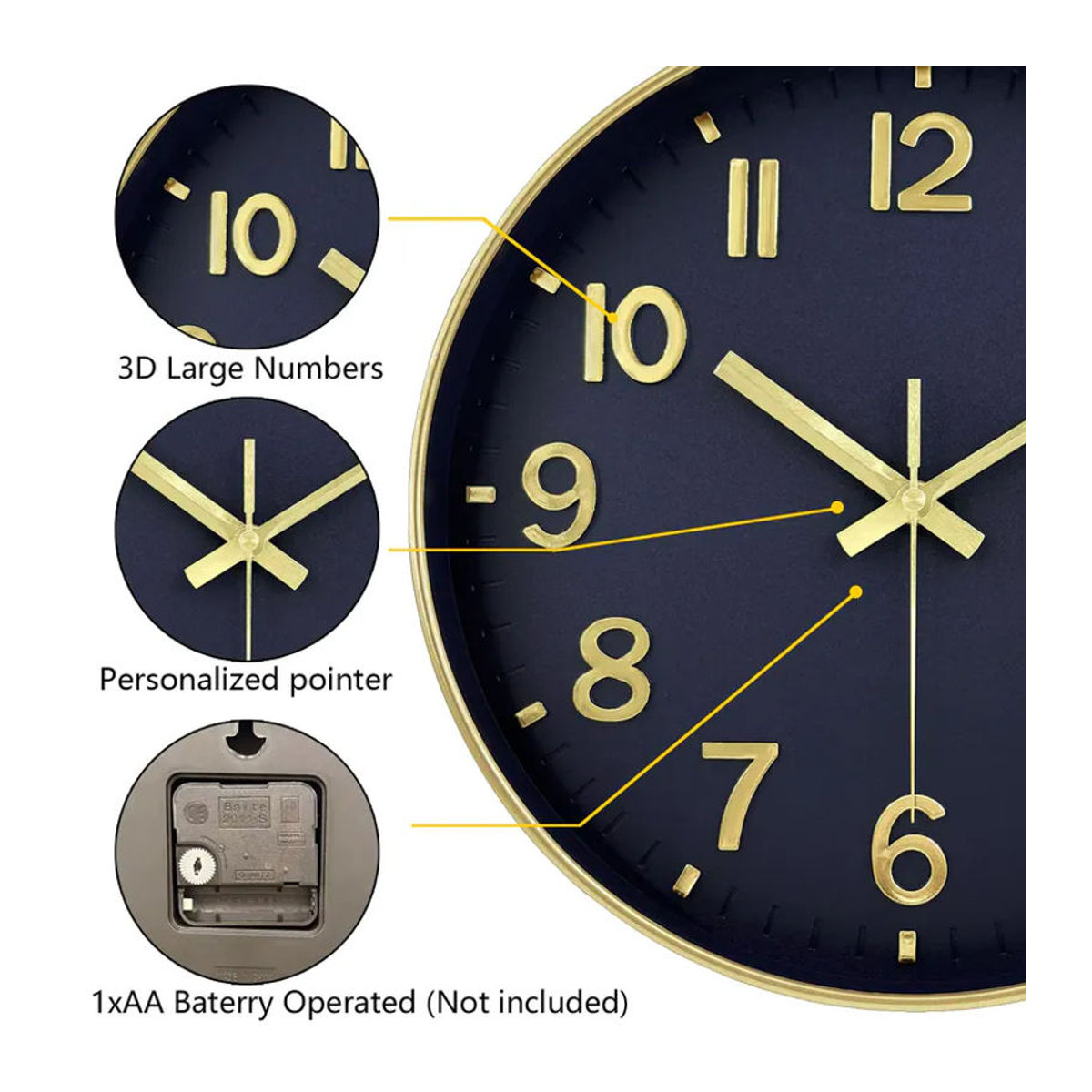 p.chuang Retro Quarz-Wanduhr in 3D-Optik, geräuschlose analoge Wanduhr aus Metall und Glas für Wohnzimmer und Schlafzimmer, Durchmesser: 20,32 cm - Bild 3