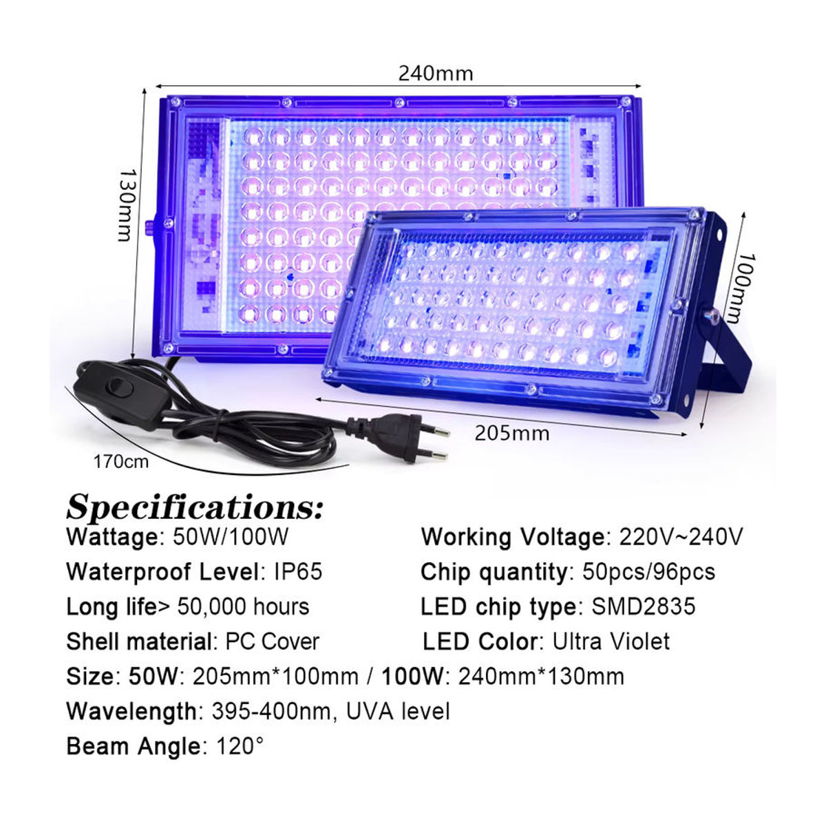 PARKSON LED UV Flutlicht Schwarzlicht 50W 100W Wasserdicht für Party und Bühne 395nm 400nm Schwarz - Bild 2