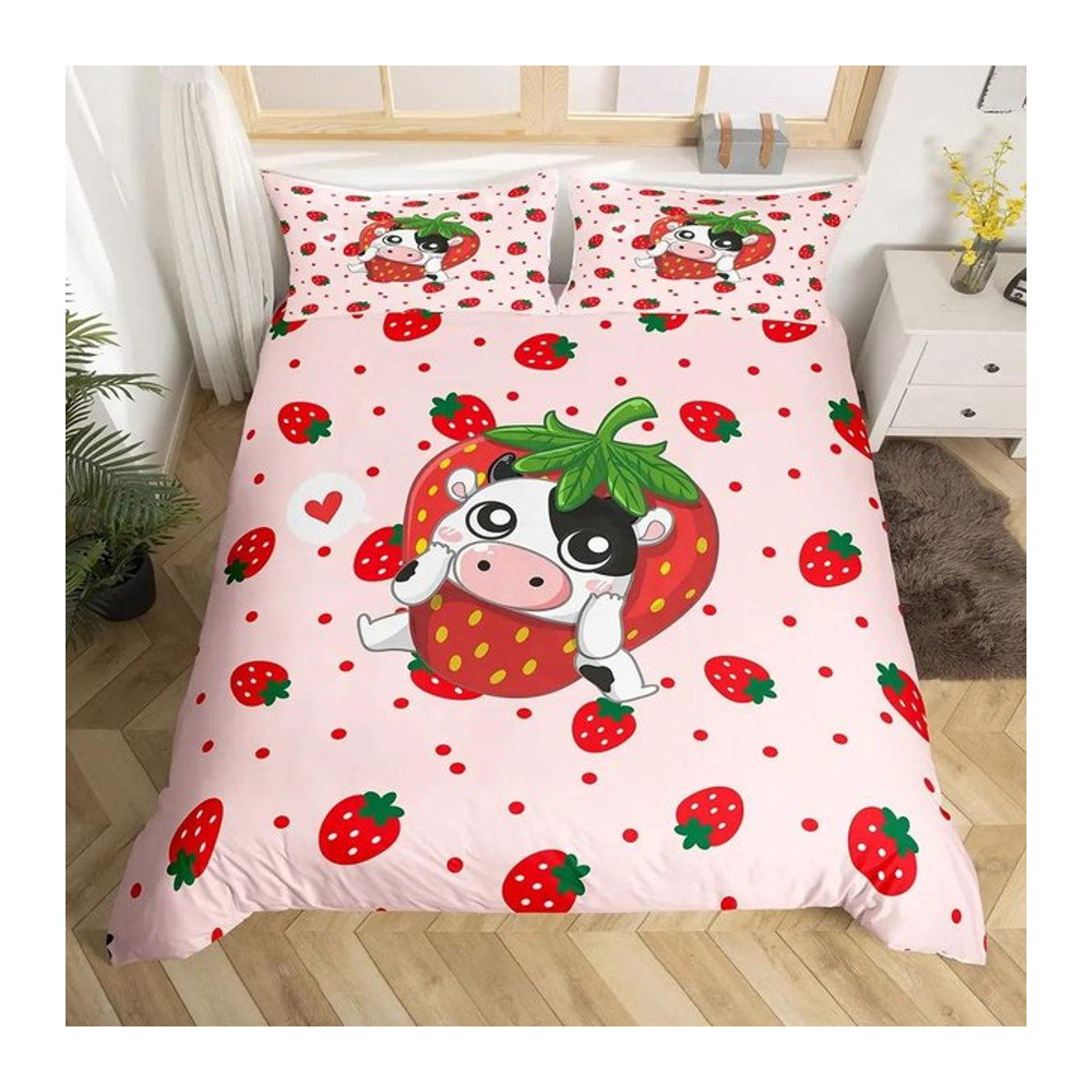 Paslu Bettwäsche Set Cartoon Kuh Erdbeere in Rosa für Kinder und Jugendliche, 3-teilig, B/H: 135 x 200 cm - Bild 1