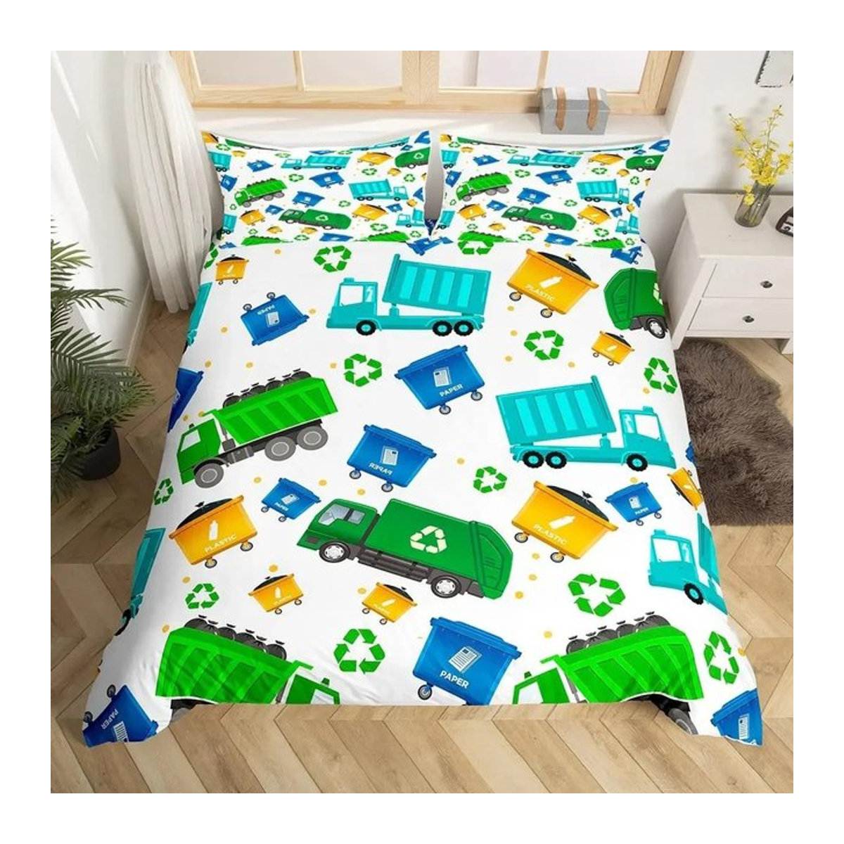 Paslu Bettwäsche-Set mit grünem Müllwagen-Motiv für Jungen, 3-teilig, B/H: 135 x 200 cm - Bild 1