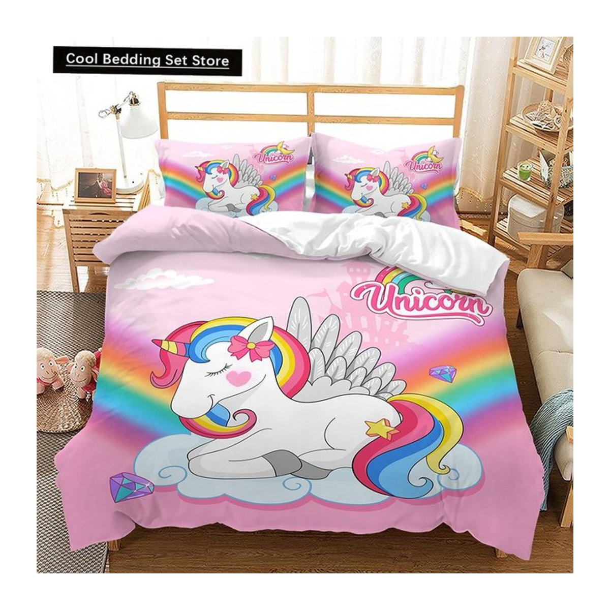 Paslu Regenbogen-Einhorn-Bettwäsche-Set für Kinder und Mädchen, Kawaii-Cartoon-Design, Multicolor, B/H: 135 x 200 cm, 3-teilig - Bild 1