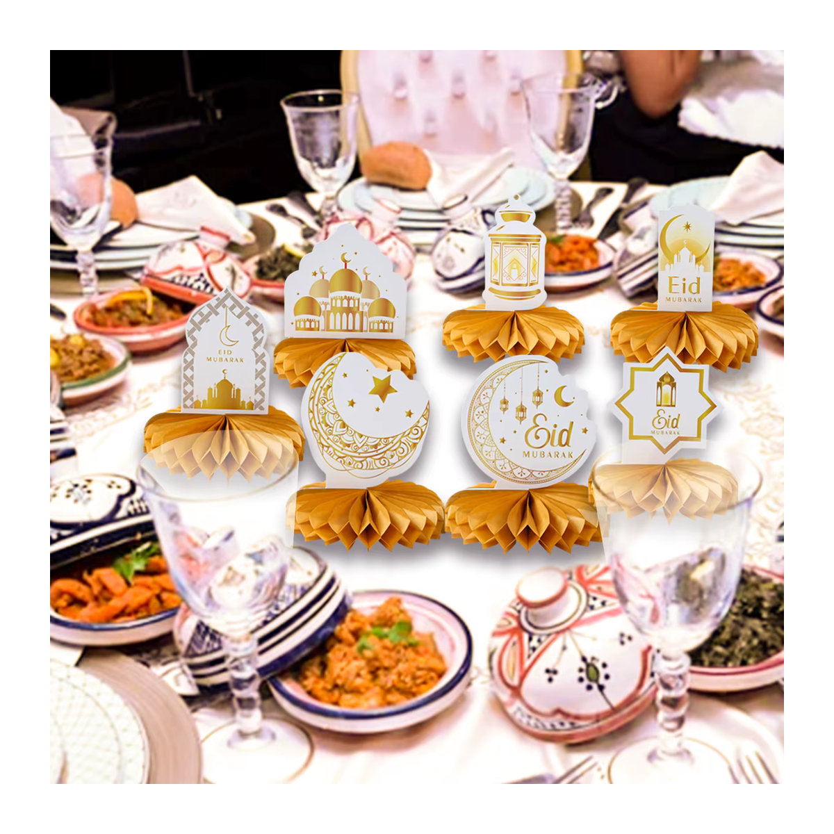 PATIMATE Eid Mubarak Honeycomb Desktop-Dekor aus Papier in Gold, Orientalische Ramadan und Eid Al Adha Dekoration - Bild 3