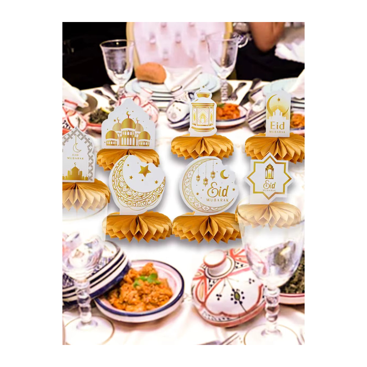 PATIMATE Eid Mubarak Honeycomb Desktop-Dekor aus Papier in Gold, Orientalische Ramadan und Eid Al Adha Dekoration - Bild 5