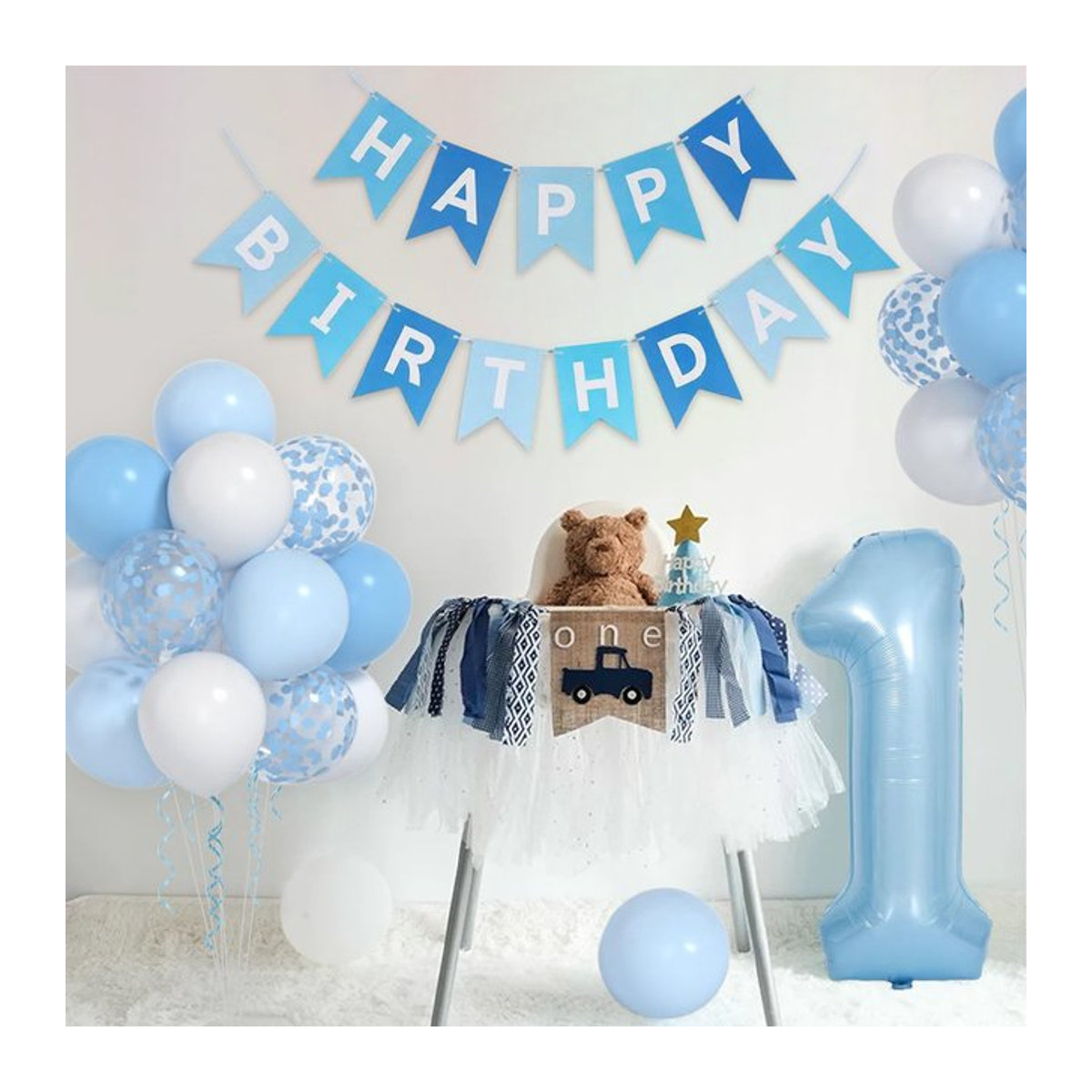 PATIMATE Partydekoration Set für den 1. Geburtstag mit 35 Stück Luftballons und Buchstaben-Banner in Blau - Bild 1