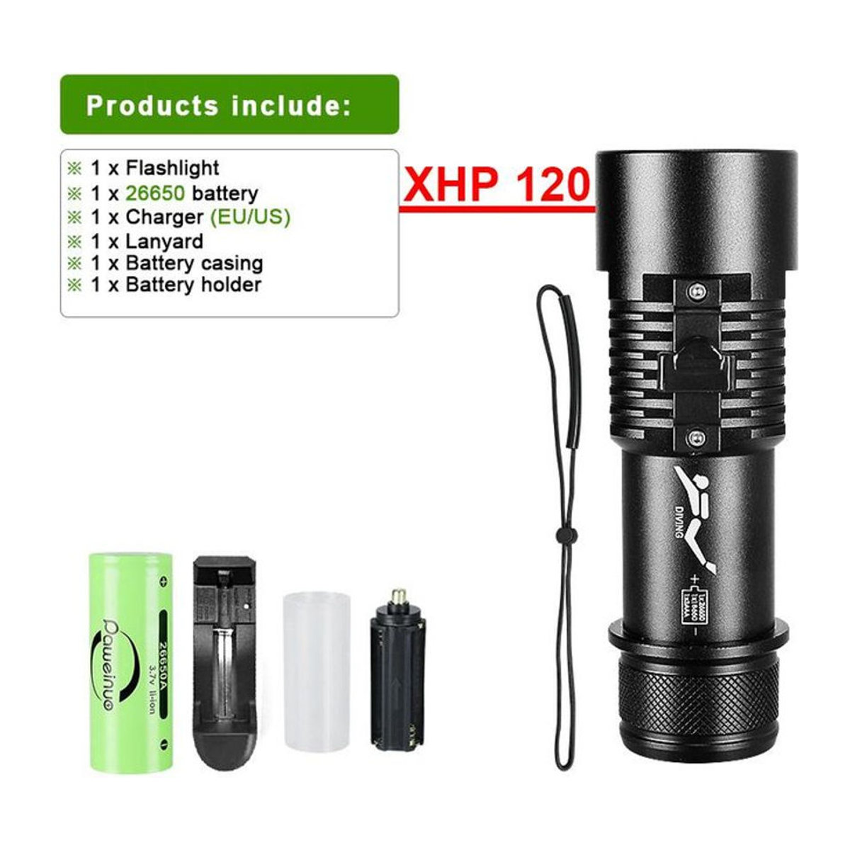 paweinuo 02 Professionelle IPX8 Tauchlampe mit XHP 120 und gelbem Licht, Wasserdichte Unterwasserlaterne in Schwarz - Bild 1