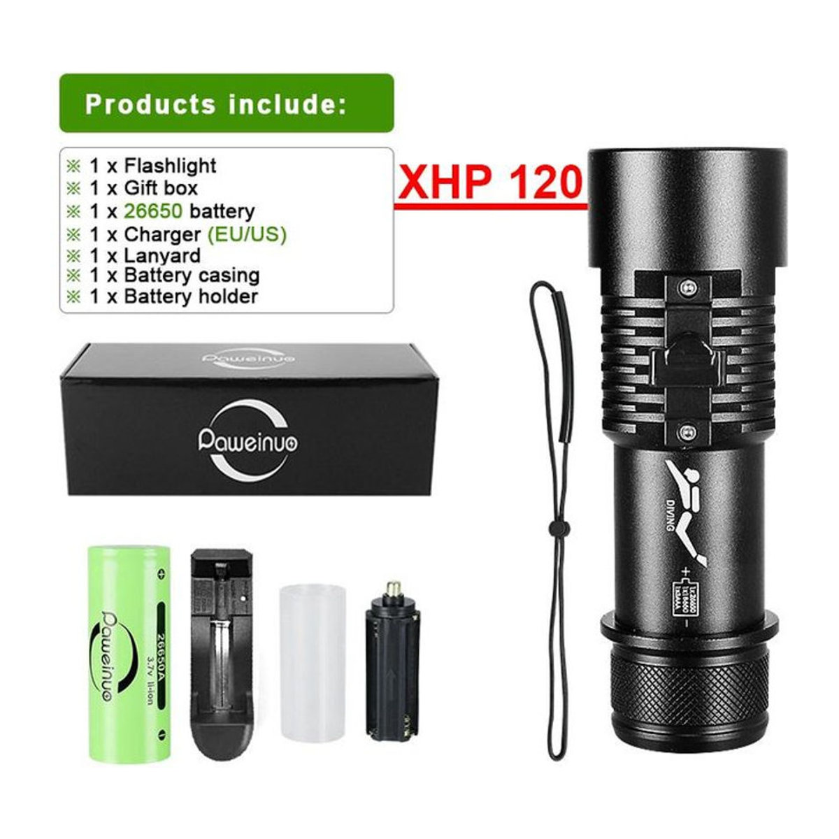 paweinuo 02 Professionelle IPX8 Tauchlampe XHP 120 mit gelbem Licht, wasserdichte Unterwasserlaterne, 800m Wasserdichtigkeit, Schwarz - Bild 1