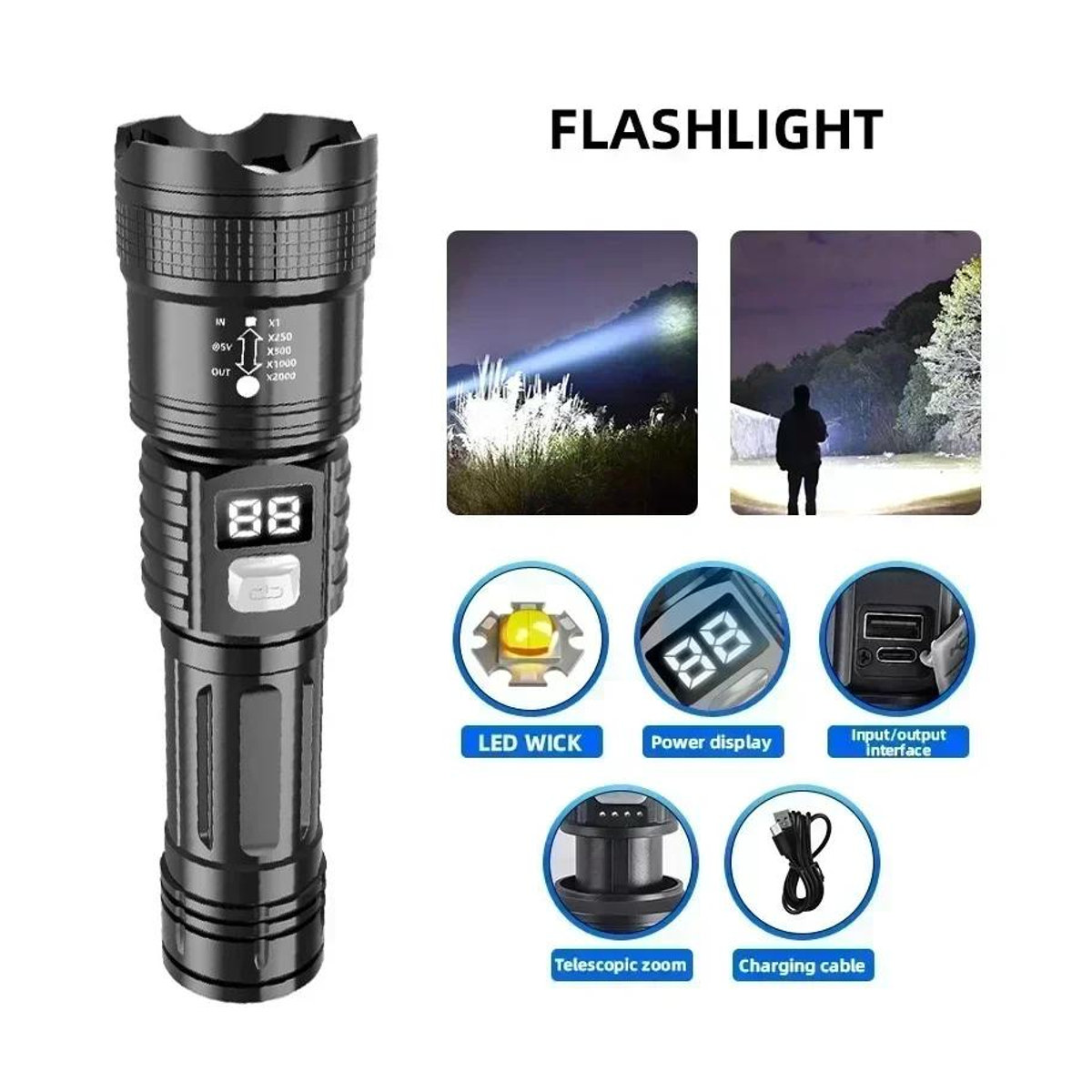 Pawell Hochleistungs-LED-Taschenlampe mit Zoom und Typ-C Wiederaufladung für Camping und Notfälle - Bild 4