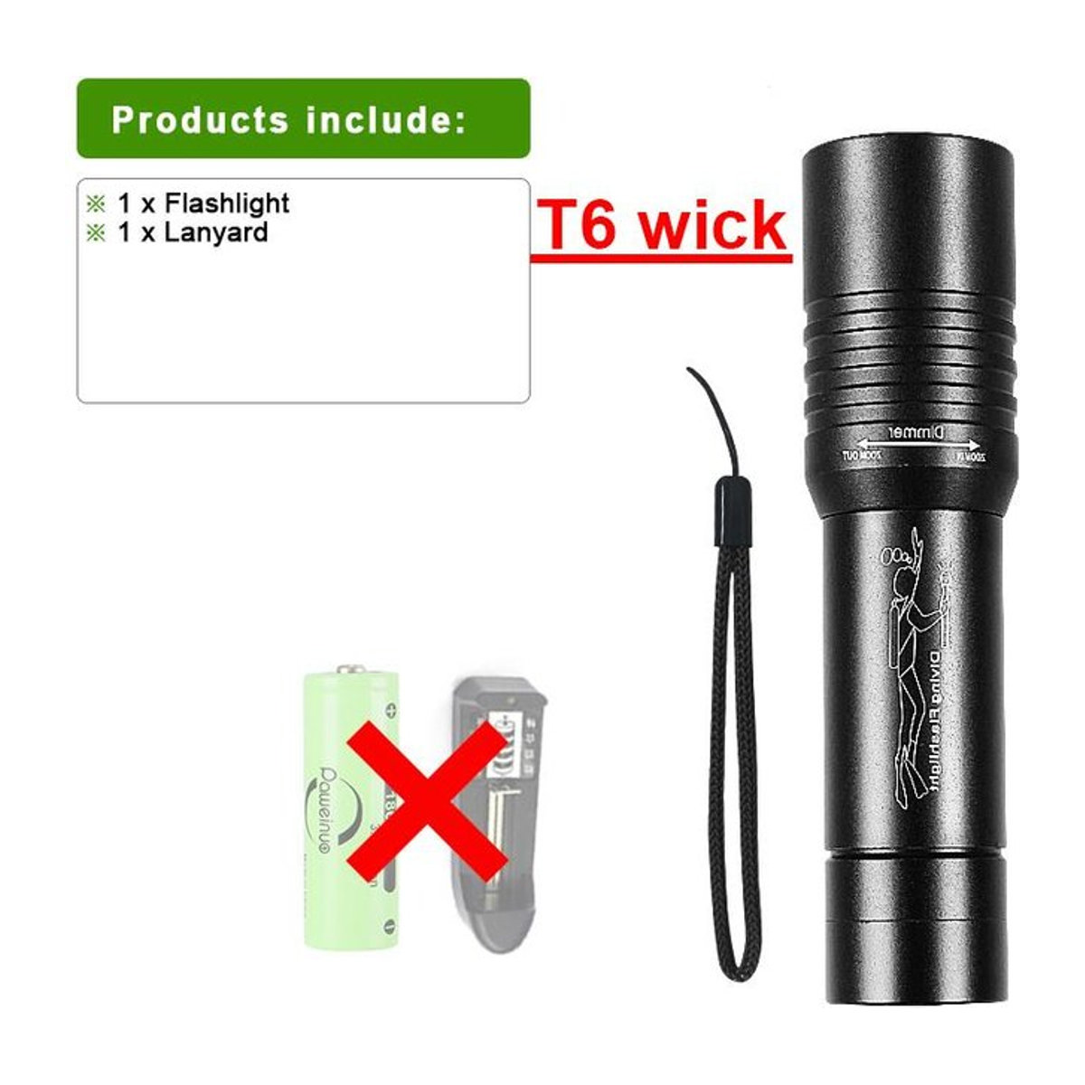 Pawell Professionelle LED-Tauchtaschenlampe mit Zoom und IPX8 Wasserdichtigkeit in Schwarz - Bild 1