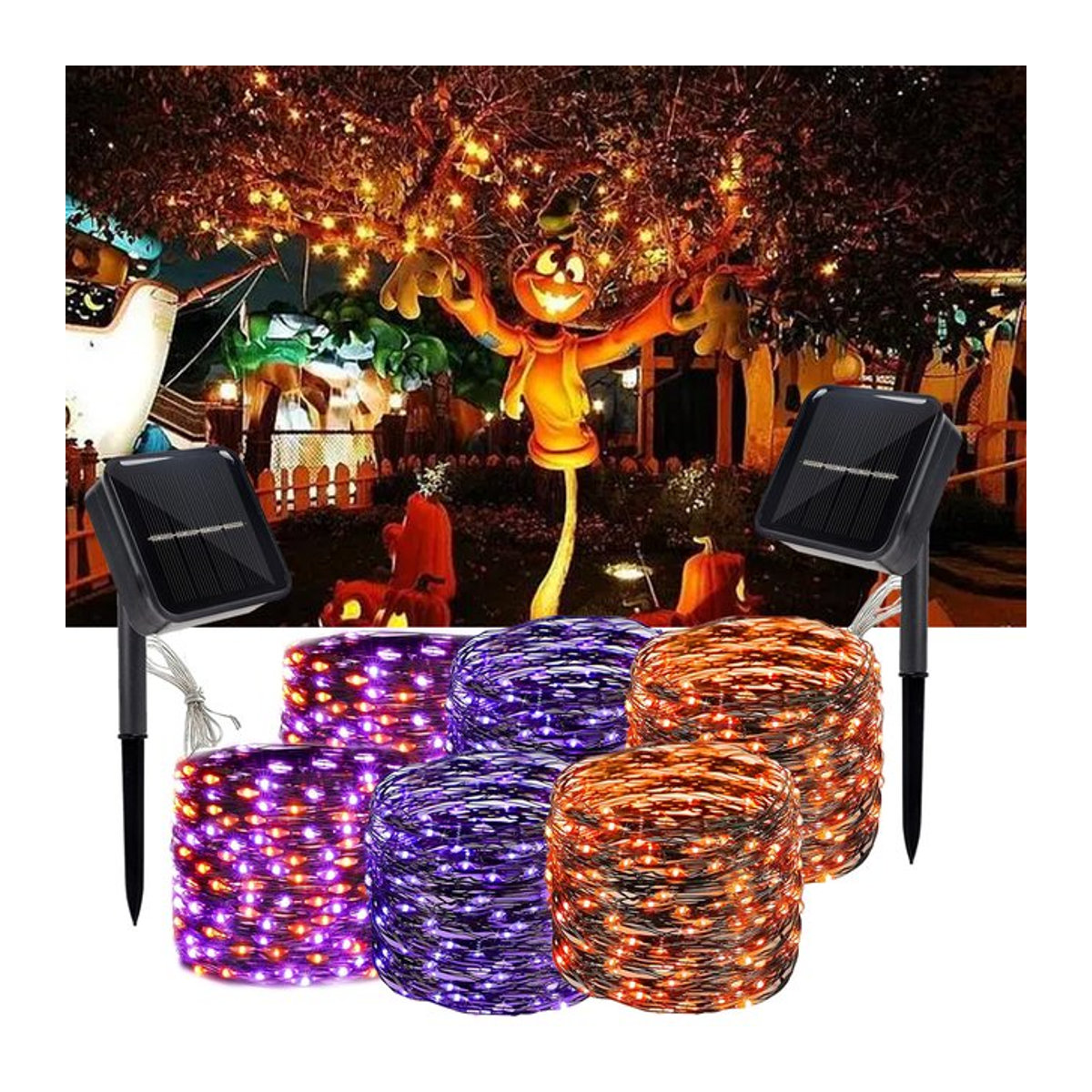 Peach Forest 2er Pack Solar LED Kupferdraht Lichterkette mit 120 LEDs in Schwarz und Bunt für Halloween und Outdoor-Dekoration mit 8 Beleuchtungsmodi und Wasserdichtigkeit - Bild 1