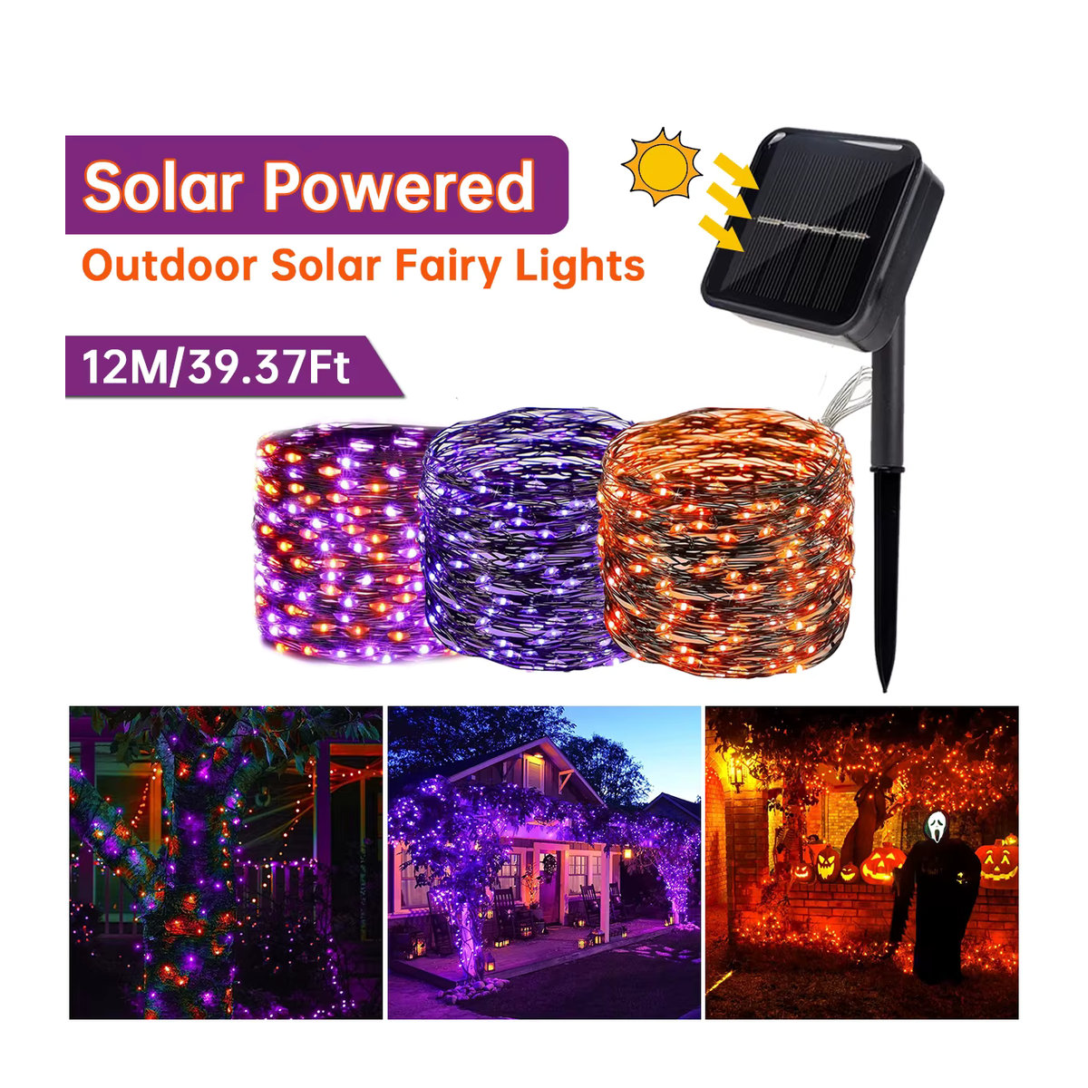 Peach Forest 2er Pack Solar LED Kupferdraht Lichterkette mit 120 LEDs in Schwarz und Bunt für Halloween und Outdoor-Dekoration mit 8 Beleuchtungsmodi und Wasserdichtigkeit - Bild 2