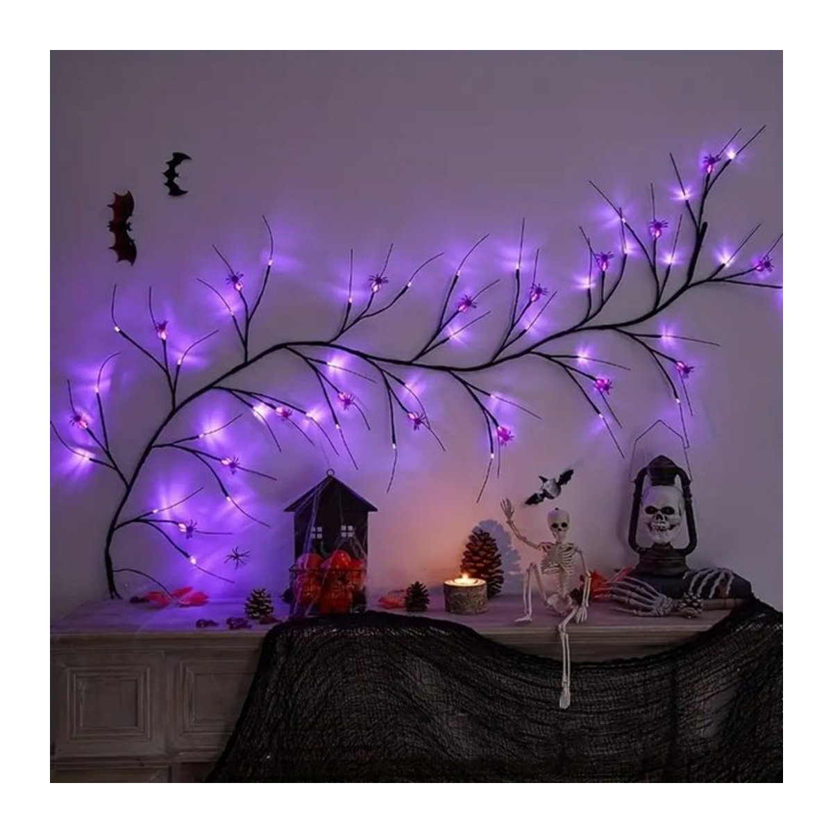 Peach Forest Halloween Deko-Zweige Schwarze Weide mit 54 integrierten LEDs und Spinnen sowie Geistern - Bild 1