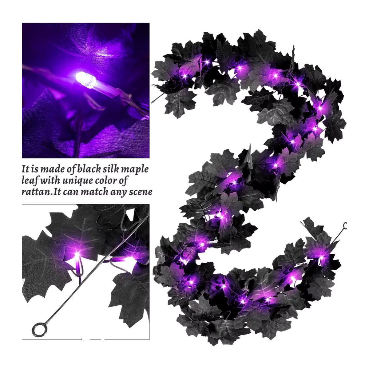 Peach Forest Halloween Girlande mit 20 LED Lichtern, künstliche schwarze Blätter und lila Licht, hängende Herbst Reben aus Kunststoff und Textil - Bild 2