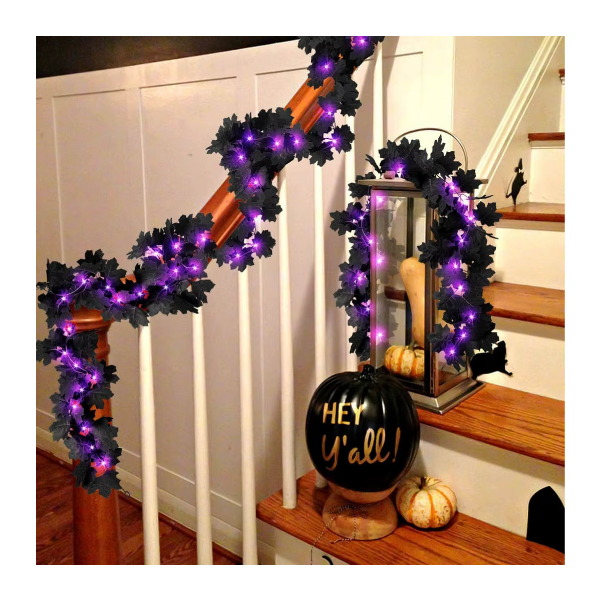 Peach Forest Halloween Girlande mit 20 LED Lichtern, künstliche schwarze Blätter und lila Licht, hängende Herbst Reben aus Kunststoff und Textil - Bild 3