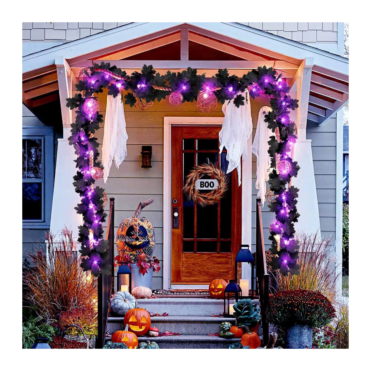 Peach Forest Halloween Girlande mit 20 LED Lichtern, künstliche schwarze Blätter und lila Licht, hängende Herbst Reben aus Kunststoff und Textil - Bild 4