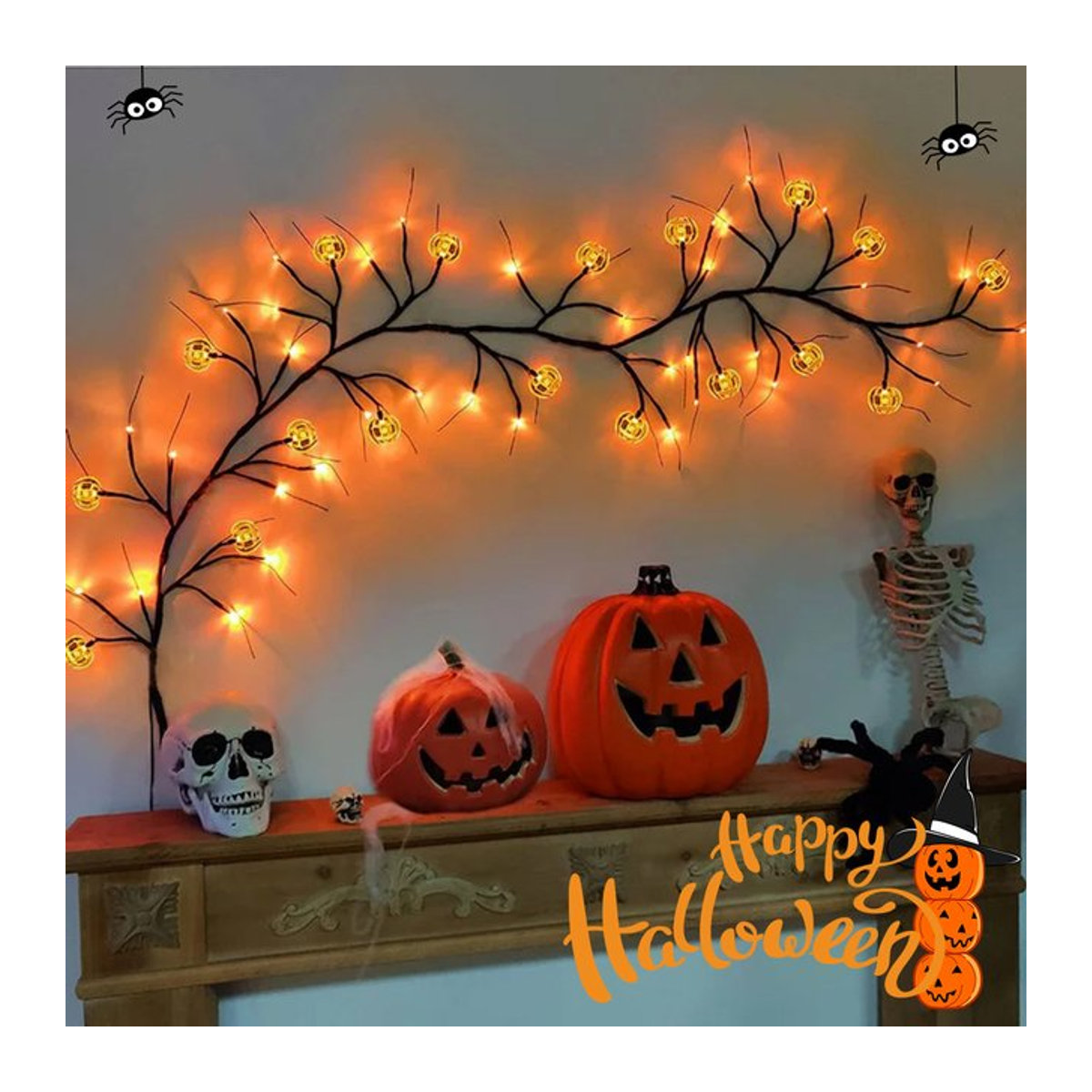 Peach Forest Halloween Kürbis Lichterkette mit 54 LED, wasserdichte biegbare Weidenreben-Baumlampe in Schwarz und Orange für deine Partydekoration - Bild 1