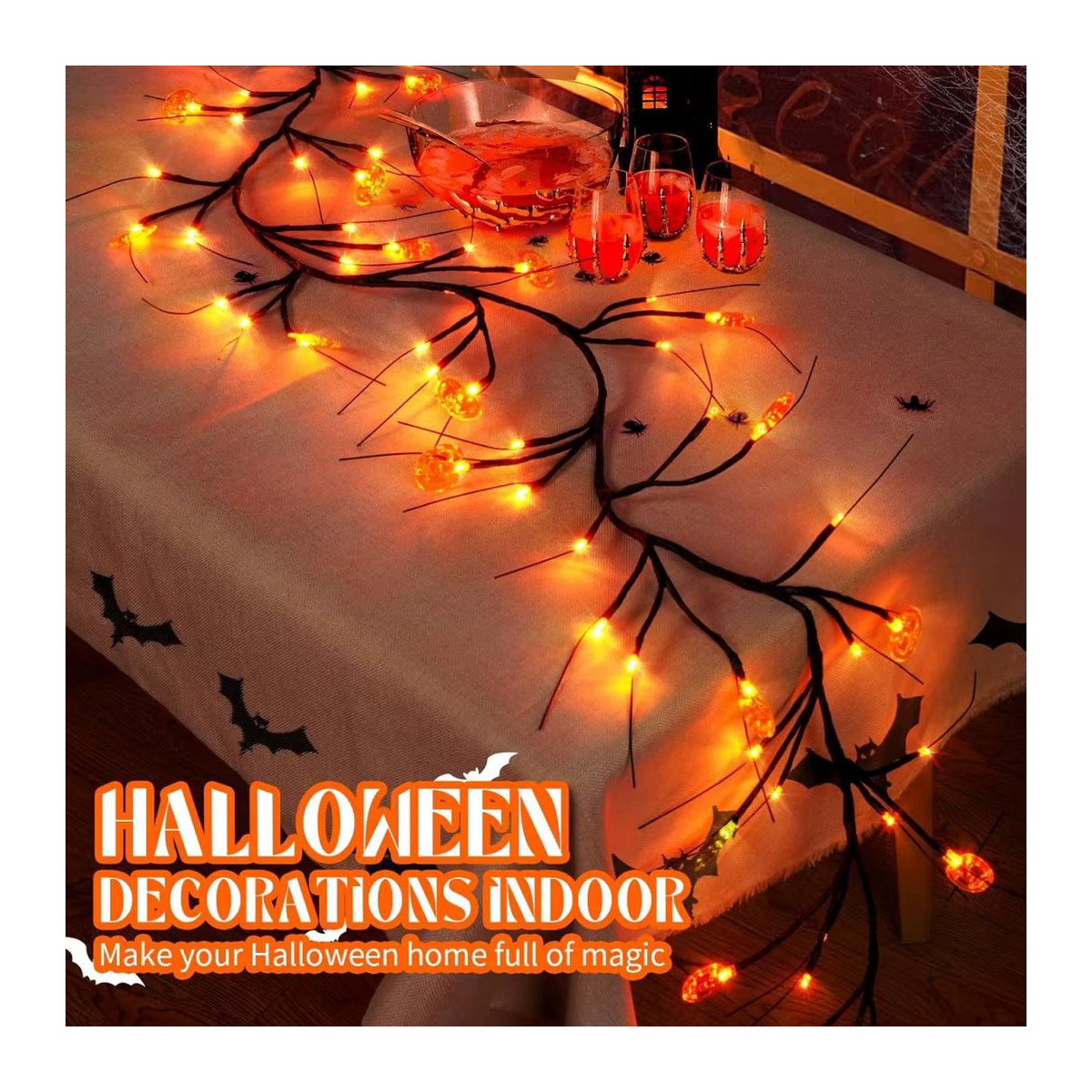 Peach Forest Halloween Kürbis Lichterkette mit 54 LED, wasserdichte biegbare Weidenreben-Baumlampe in Schwarz und Orange für deine Partydekoration - Bild 2
