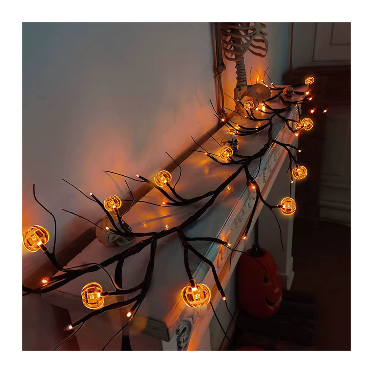 Peach Forest Halloween Kürbis Lichterkette mit 54 LED, wasserdichte biegbare Weidenreben-Baumlampe in Schwarz und Orange für deine Partydekoration - Bild 3