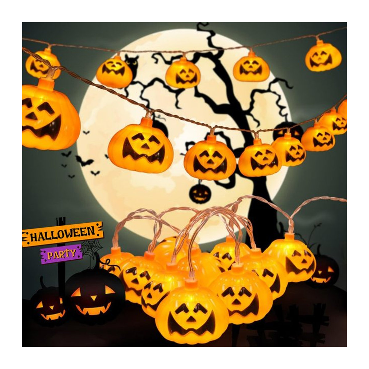 Peach Forest Halloween Kürbis Lichterkette mit LED und lächelnden Gesichtern in Orange, batteriebetrieben für Indoor und Outdoor - Bild 1