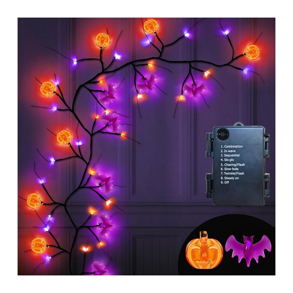 Peach Forest Halloween Lichterkette mit Kürbis und Fledermaus, schwarze Weidenzweige, wasserdicht und batteriebetrieben, Länge: 180 cm - Bild 1