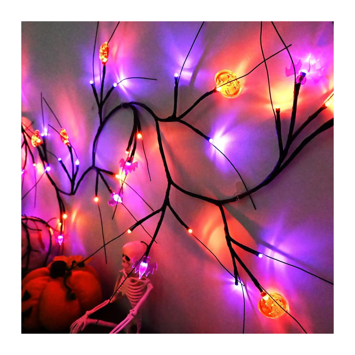 Peach Forest Halloween Lichterkette mit Kürbis und Fledermaus, schwarze Weidenzweige, wasserdicht und batteriebetrieben, Länge: 180 cm - Bild 2