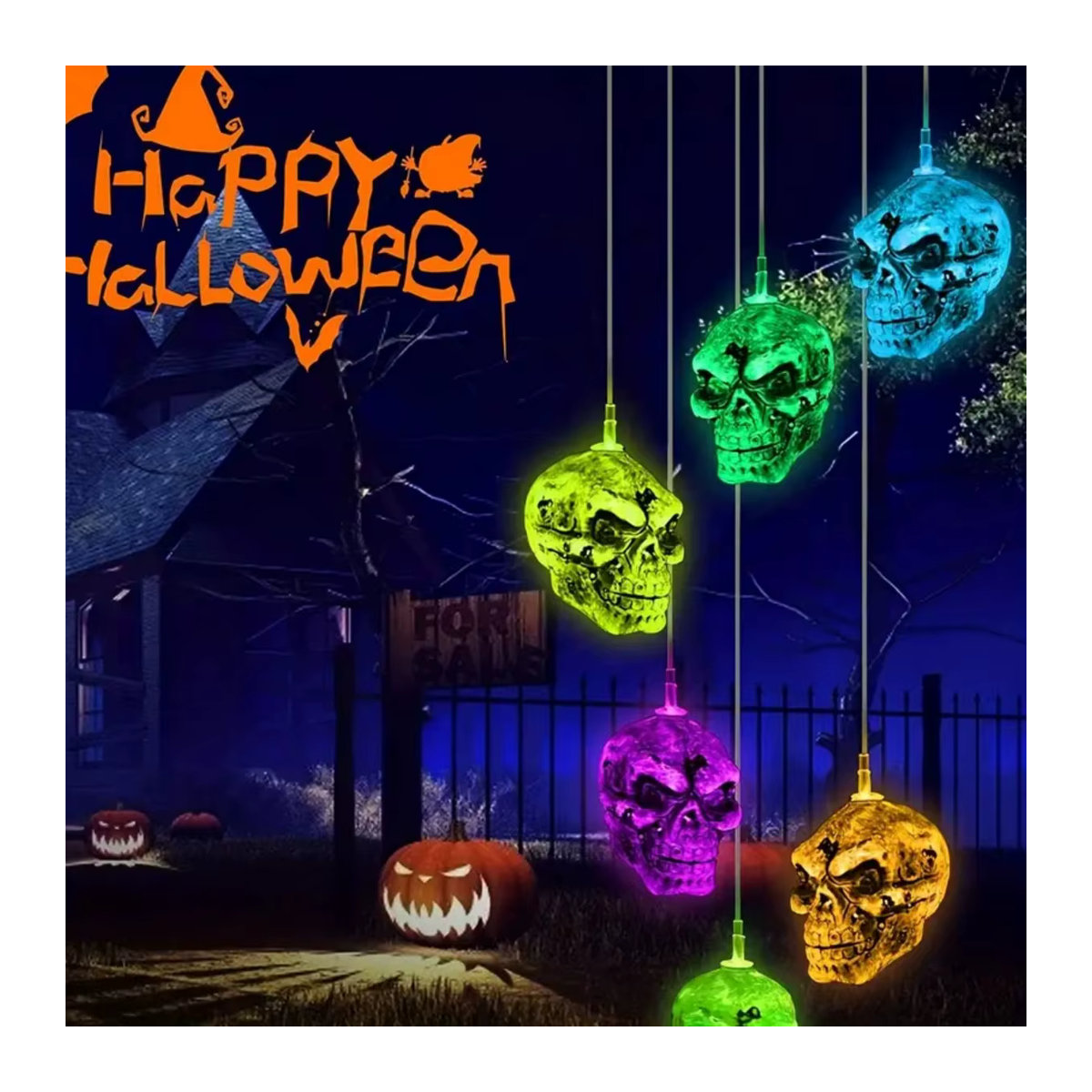 Peach Forest Halloween Solar Windspiel mit 6 LED Schädelköpfen, mehrfarbig, hängende Gartenleuchte aus Kunstharz - Bild 2