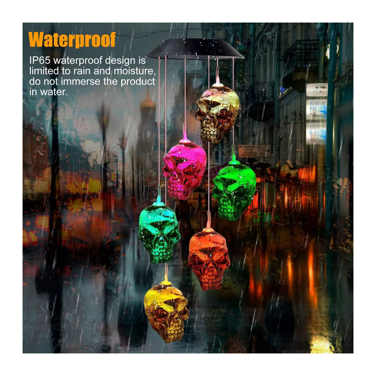Peach Forest Halloween Solar Windspiel mit 6 LED Schädelköpfen, mehrfarbig, hängende Gartenleuchte aus Kunstharz - Bild 3